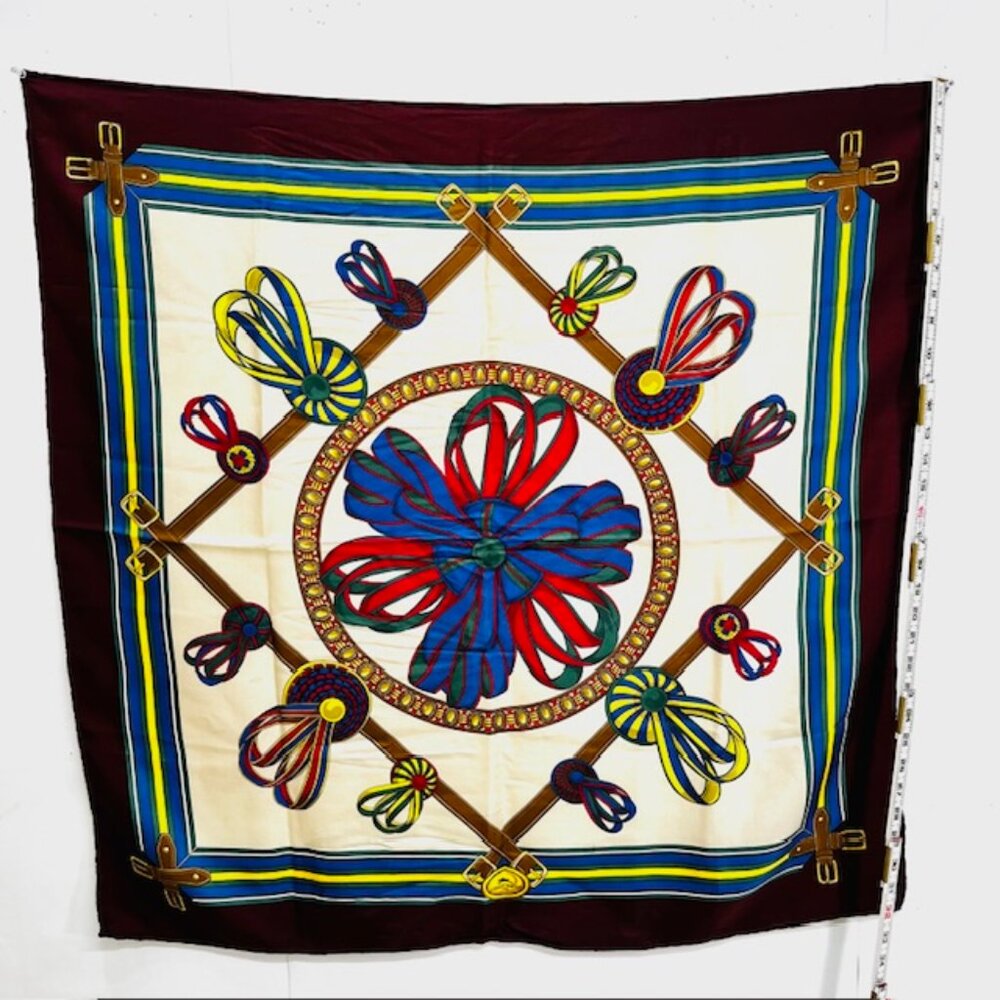 Vgt Longchamp Paris 100% Silk Satin Scarf, ivery navy blue burgend bow logo(2) - Picture 7 of 12